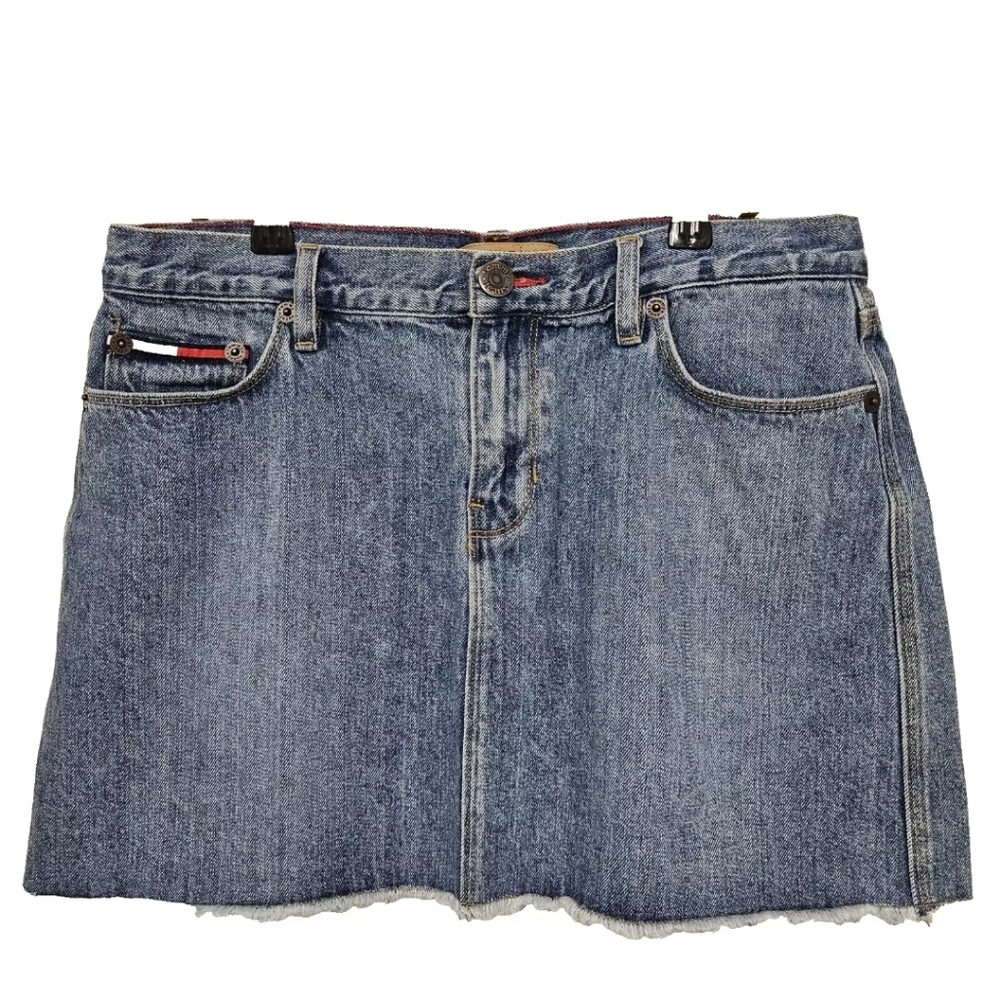 2004 Y2K Vintage Tommy Jeans Denim Mini Skirt Size 11 Fringe Hem Tommy Hilfiger